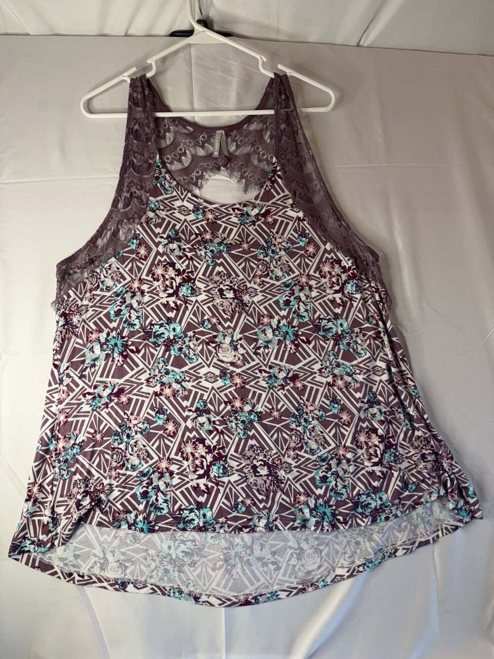 Vanity Floral Geometric Print Lace Back Tank Top Size 2XL